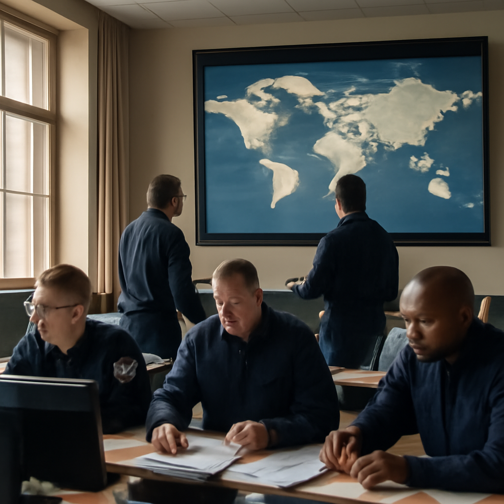 Law enforcement officers monitor screens and review documents in a briefing room with a large world map display.