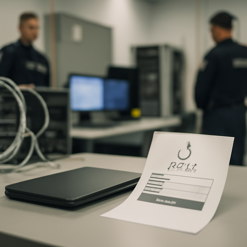 Law enforcement officials stand near seized computer equipment in a brightly lit facility.