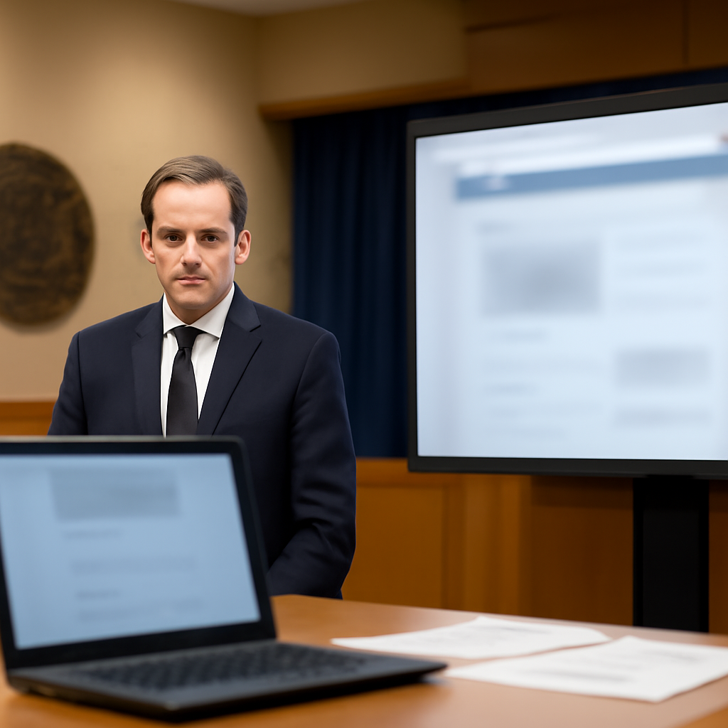 Federal officials stand near a large screen in a government briefing room.