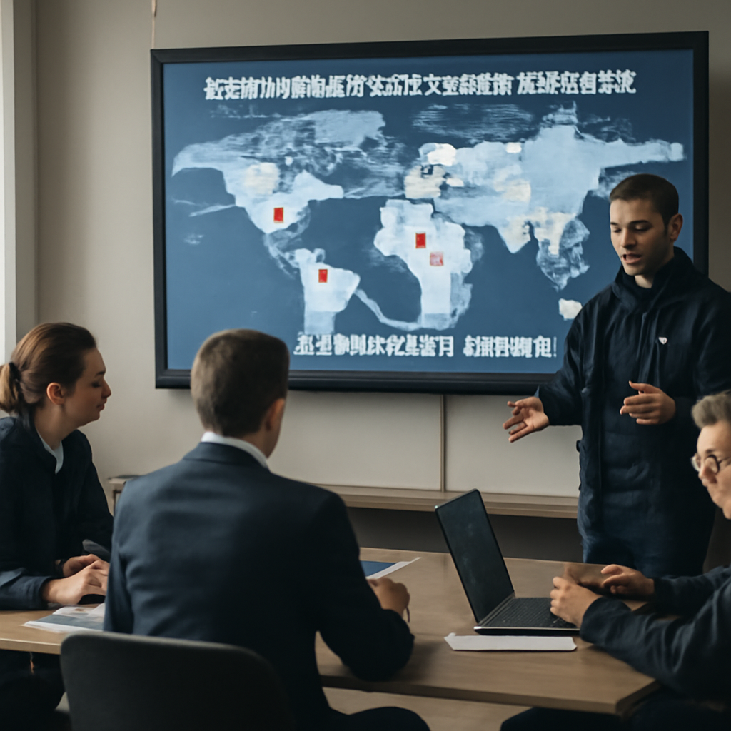 Law enforcement officials gather around a large screen displaying a world map during a briefing on a global sports piracy…