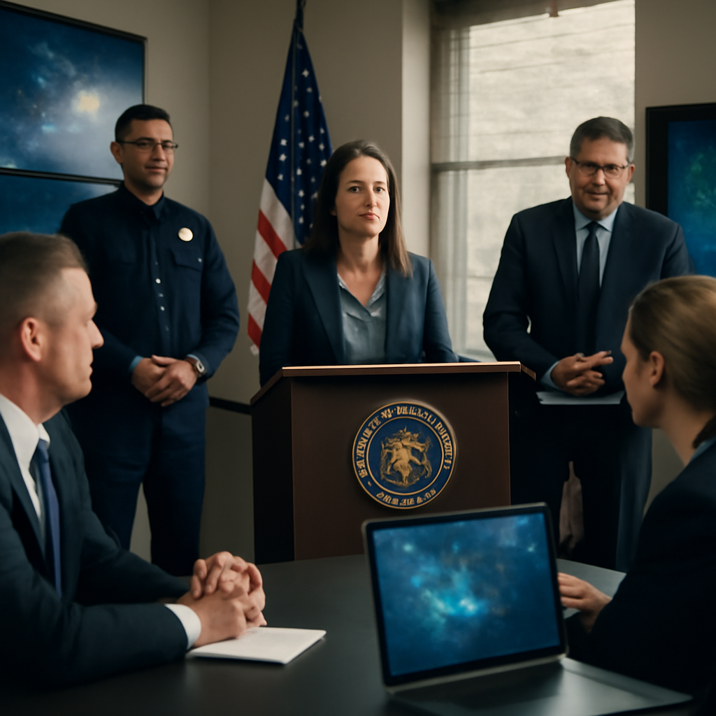 Professionals in a briefing room with technology equipment in the background.