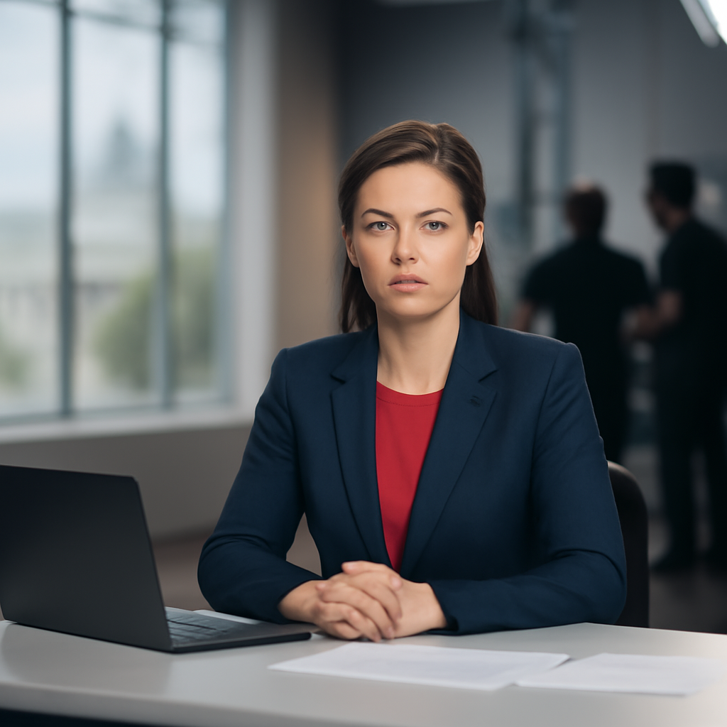 Digital news anchor sits at desk in television studio with cityscape backdrop and production crew nearby.