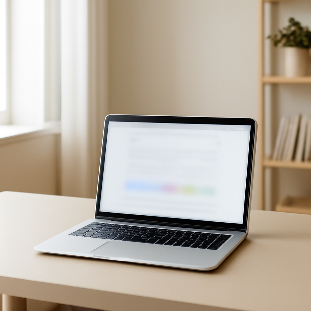 Laptop on a desk in a home office with a blurred browser window on the screen.