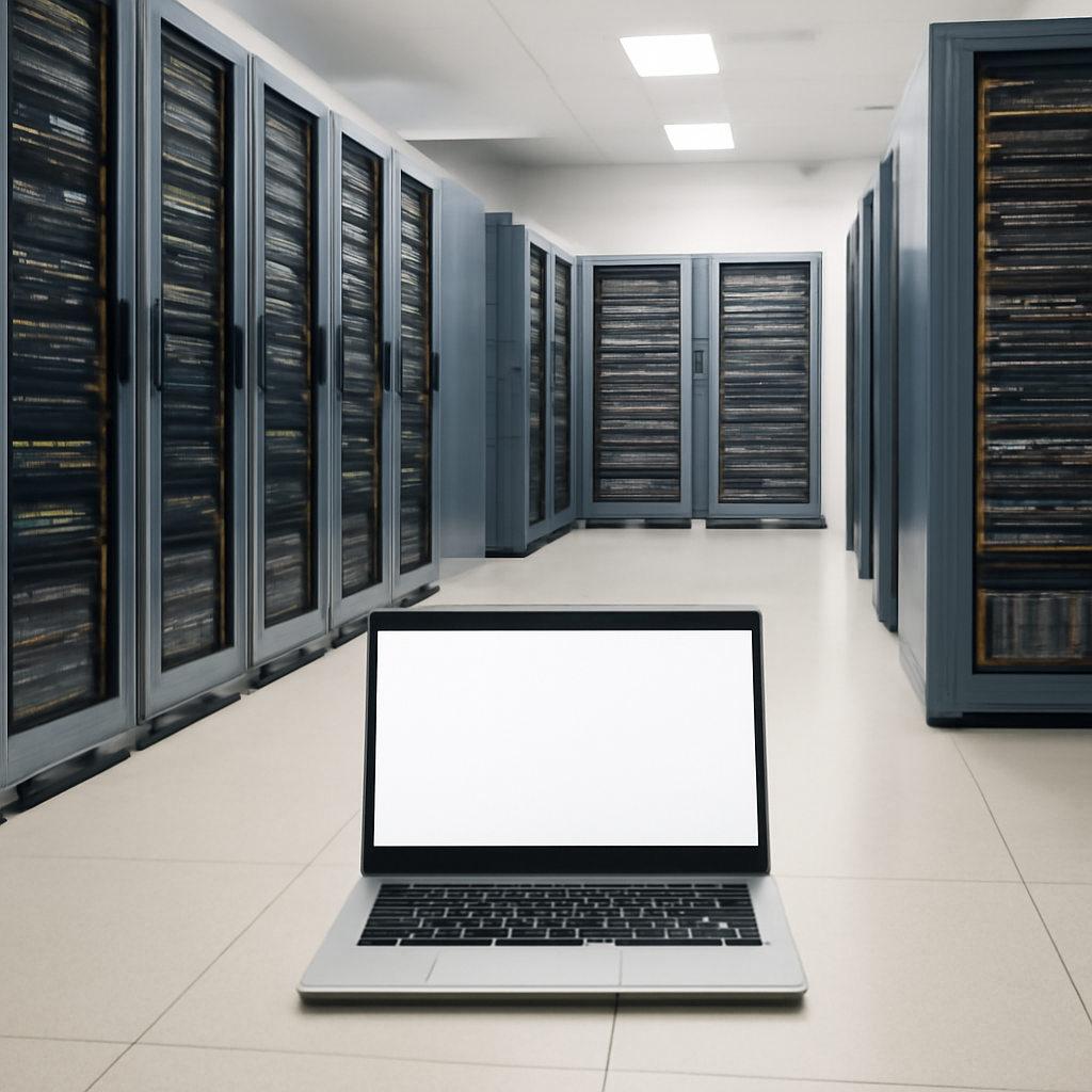 Rows of computer servers and networking equipment in a brightly-lit server room, with a single laptop in the foreground.