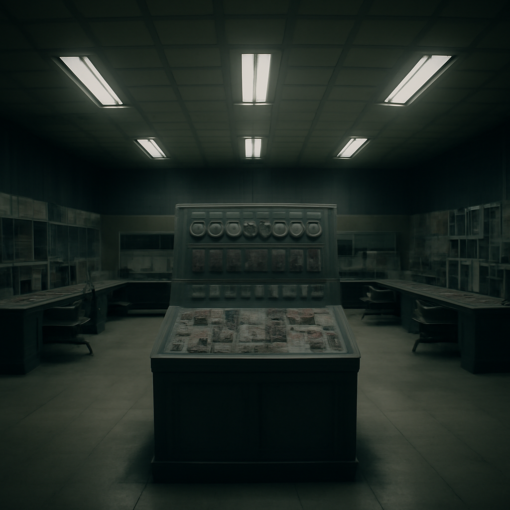 Dimly lit industrial control panel in a power plant control room with monitors and machinery, evoking a sense of unease.