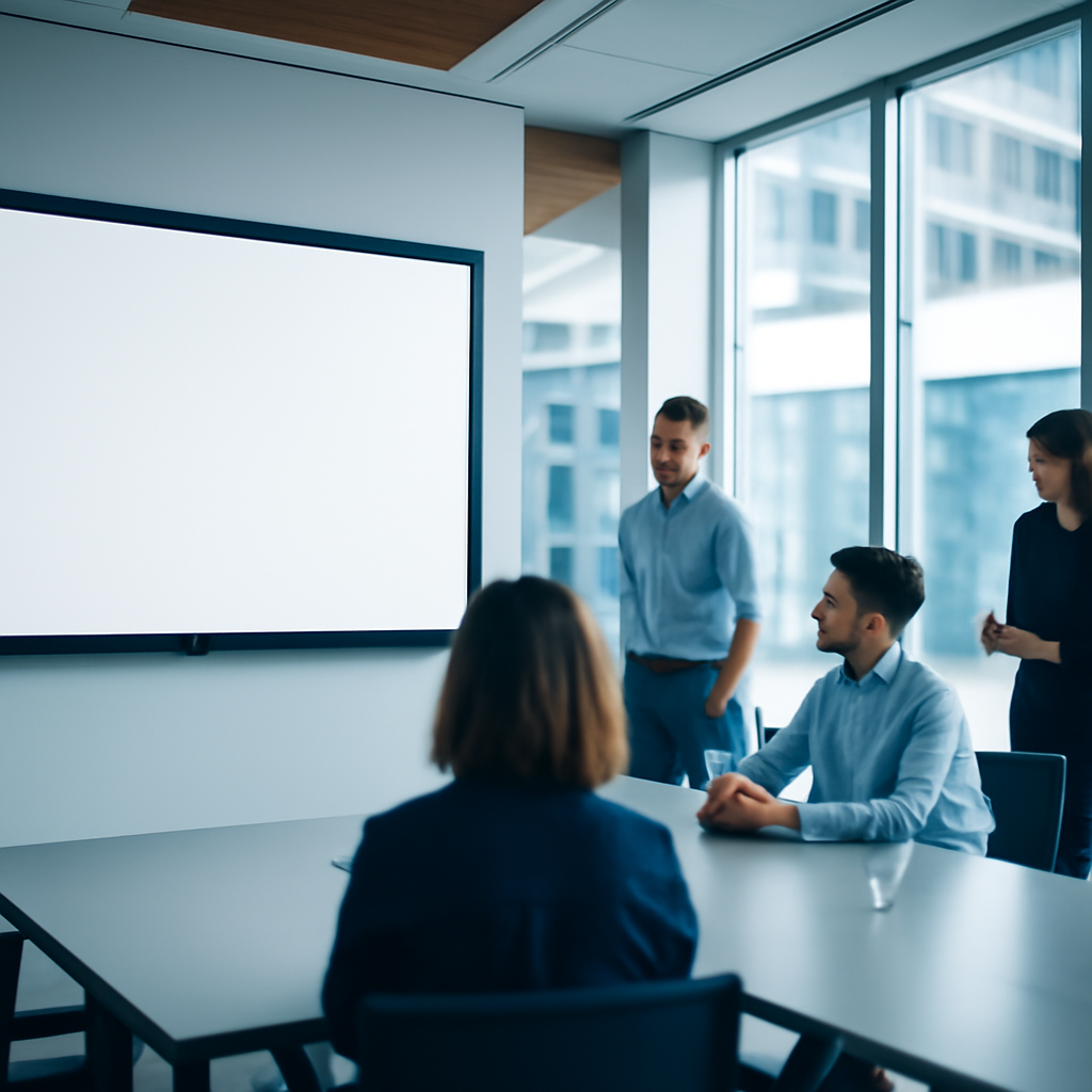 Modern corporate office interior with a large blank screen in a sleek conference room.