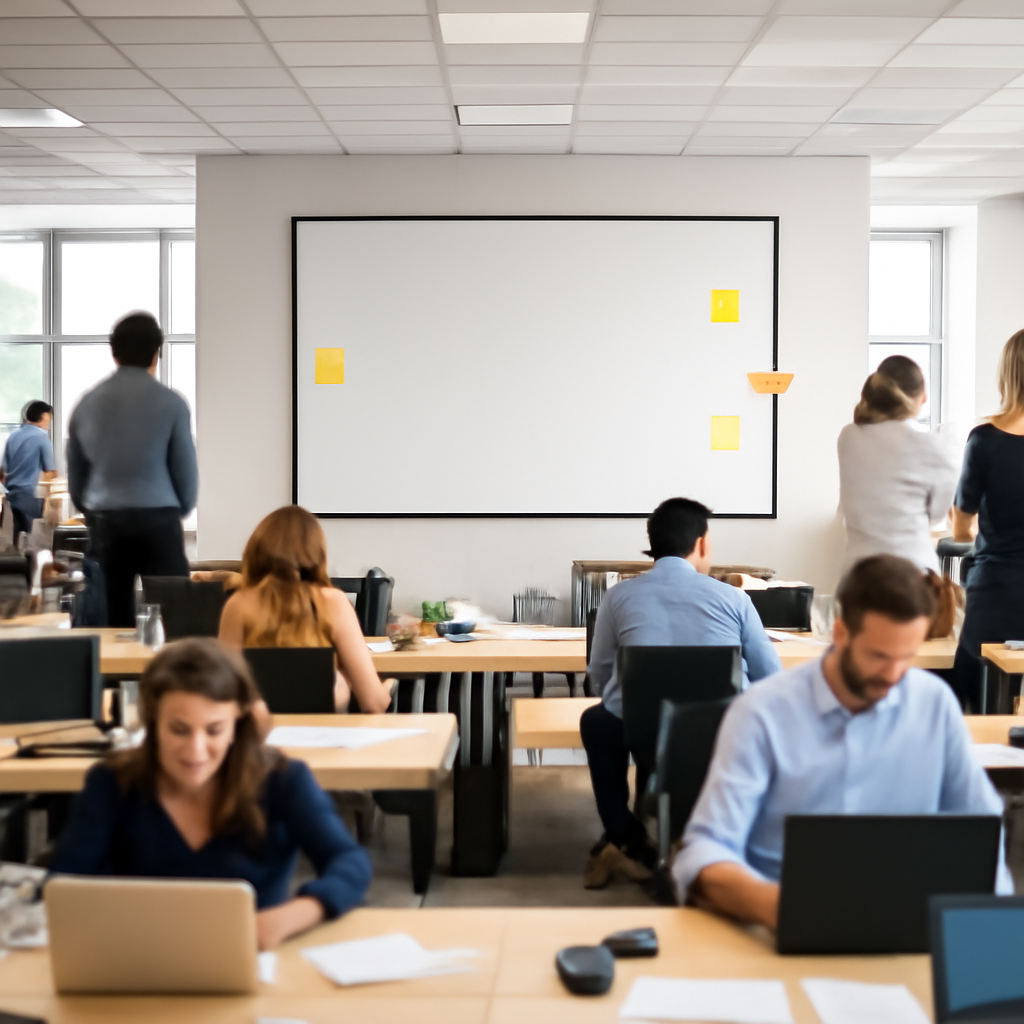 Large, open office space with workstations and people, featuring a blank whiteboard on the wall.