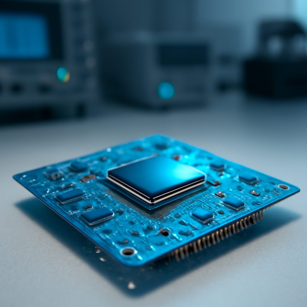 Circuit board on a lab bench with blurred technical instruments in the background.