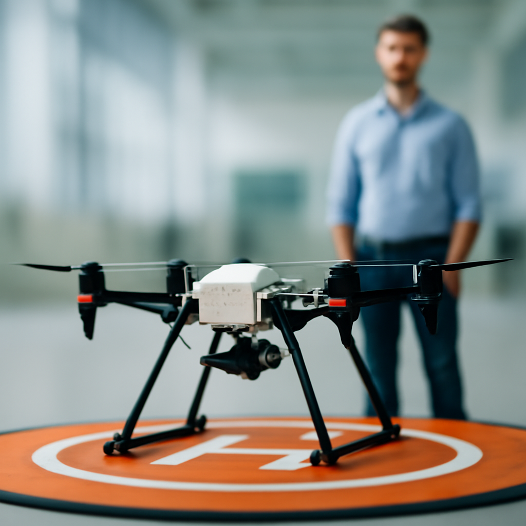 Drone in flight with blurred background, suggesting a testing facility.