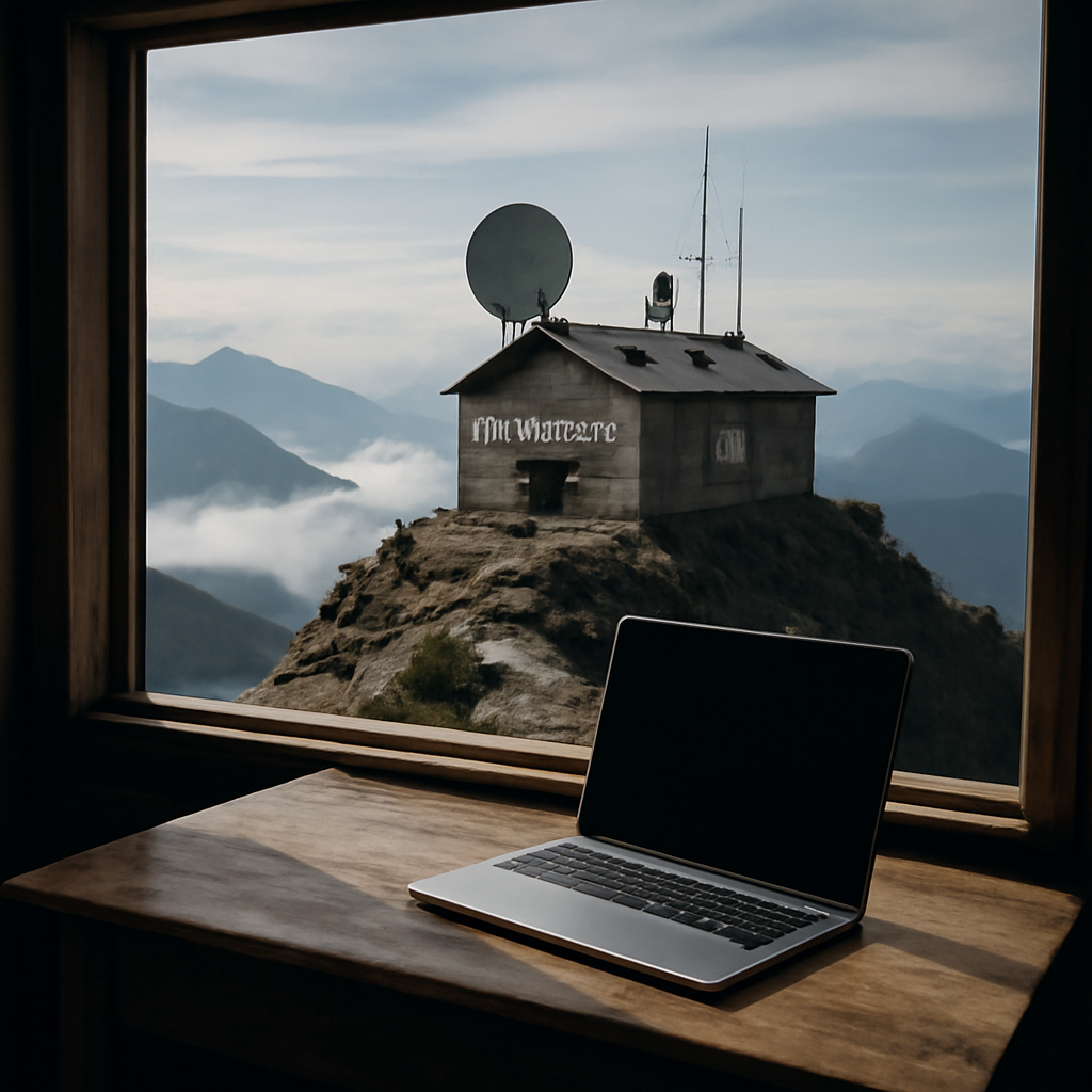 Rugged Coast Guard station with satellite dish and laptop overlooking mountains.