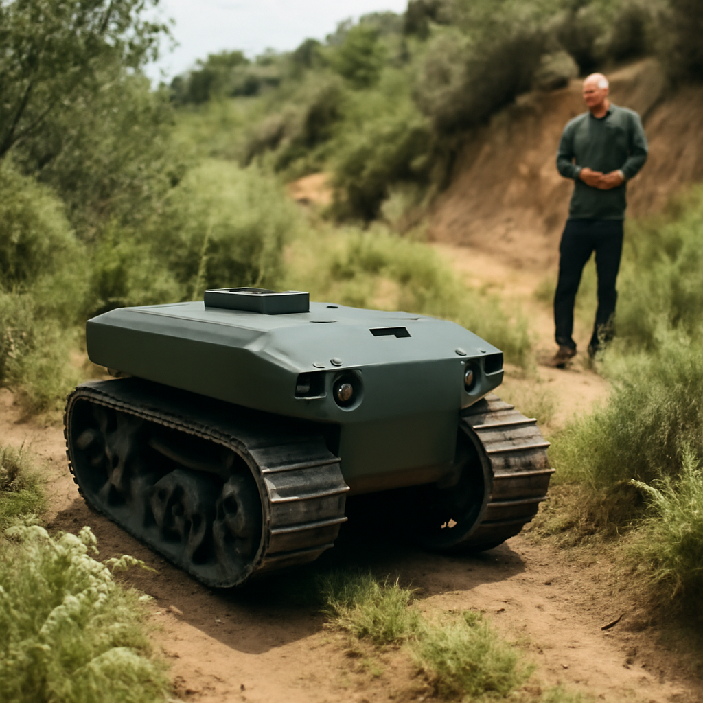 Autonomous vehicle navigates rugged terrain with operator in background.