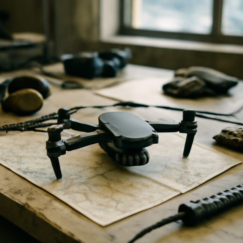 Military drone on a table surrounded by maps and equipment with a cityscape in the background.