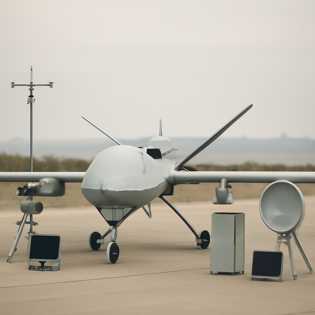 Military aircraft surrounded by sensors and communication equipment on a runway.