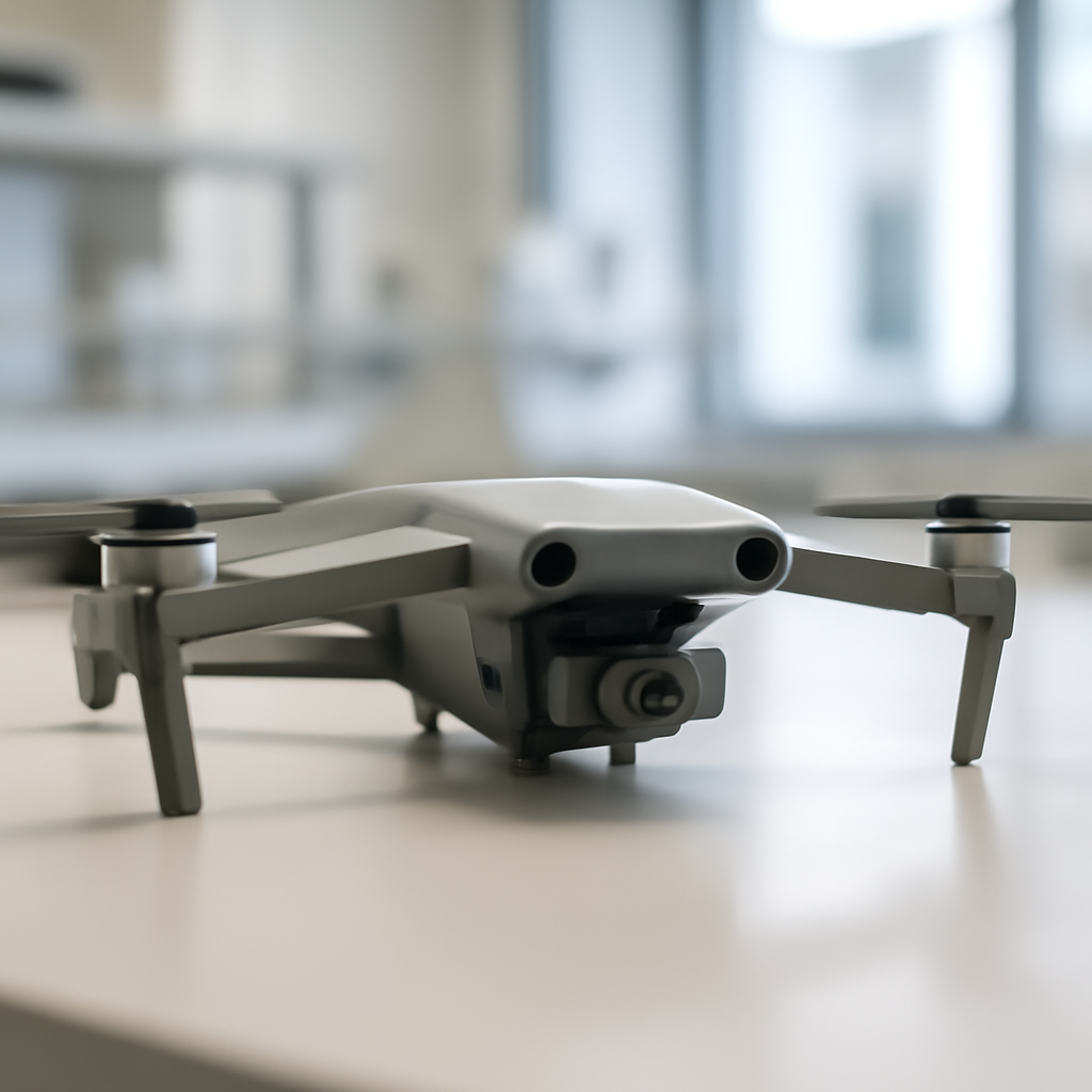 A generic drone with visible sensors and cameras sits on a laboratory bench with a blurred background.