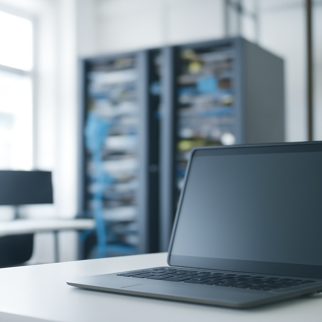 A modern web development environment with a laptop workstation and out-of-focus screen, symbolizing a vulnerable WordPress…