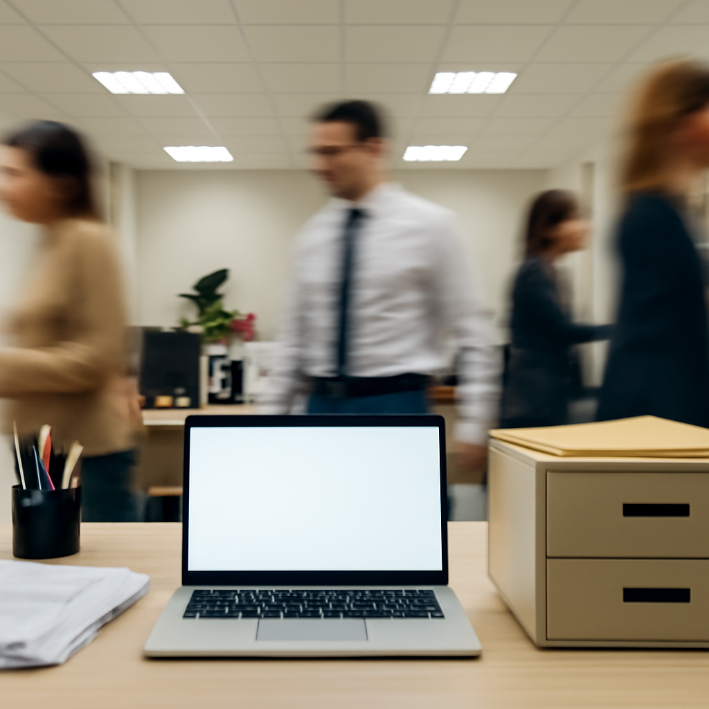 Office workers in background, with a computer workstation and file cabinet in sharp focus in the foreground.