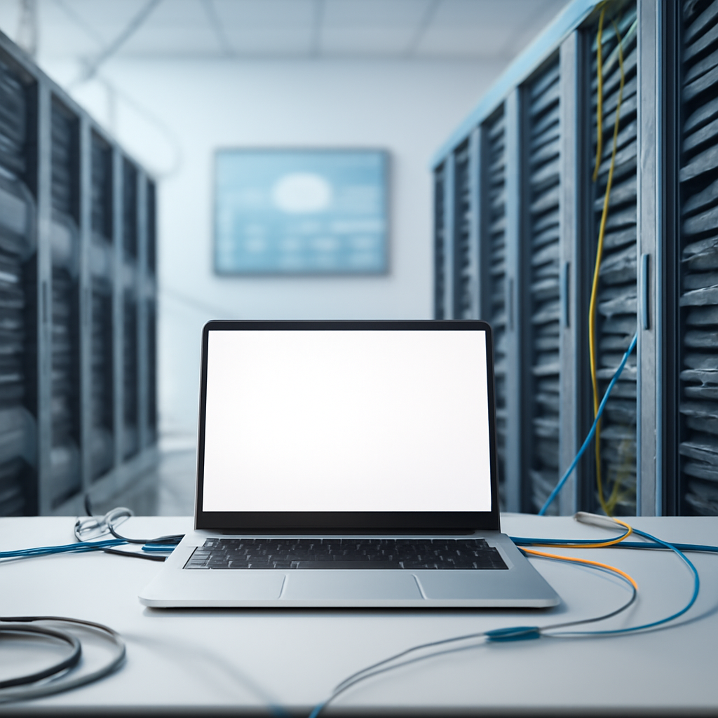 Rows of computer servers and storage systems in a brightly-lit data center with a laptop in the foreground.