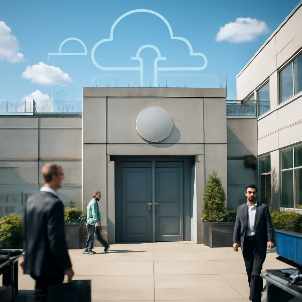 Secure facility with people working, hint of cloud infrastructure in background.
