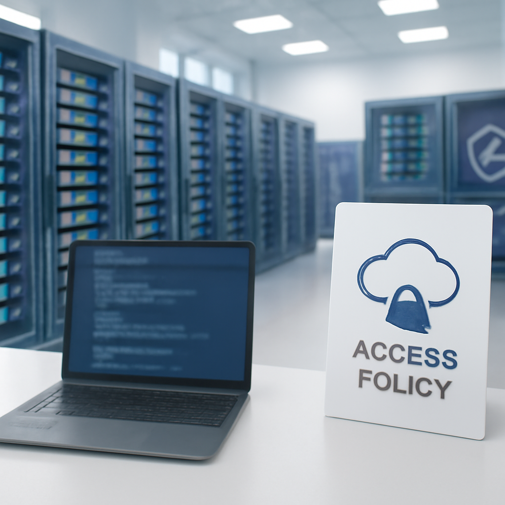 Cloud computing infrastructure with rows of equipment and a single out-of-focus laptop in the foreground.