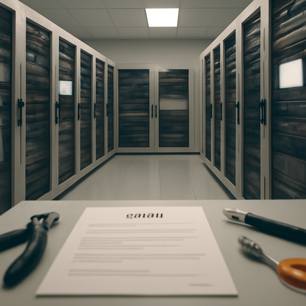 Server room interior with rack-mounted equipment and blurred credential symbol.