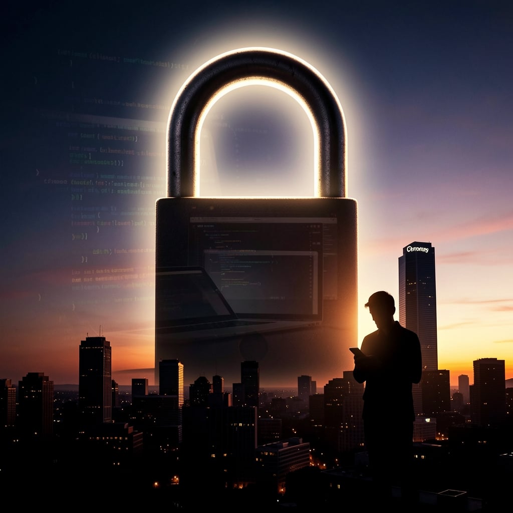 Padlock looms over cityscape at dusk with laptop and code in background.
