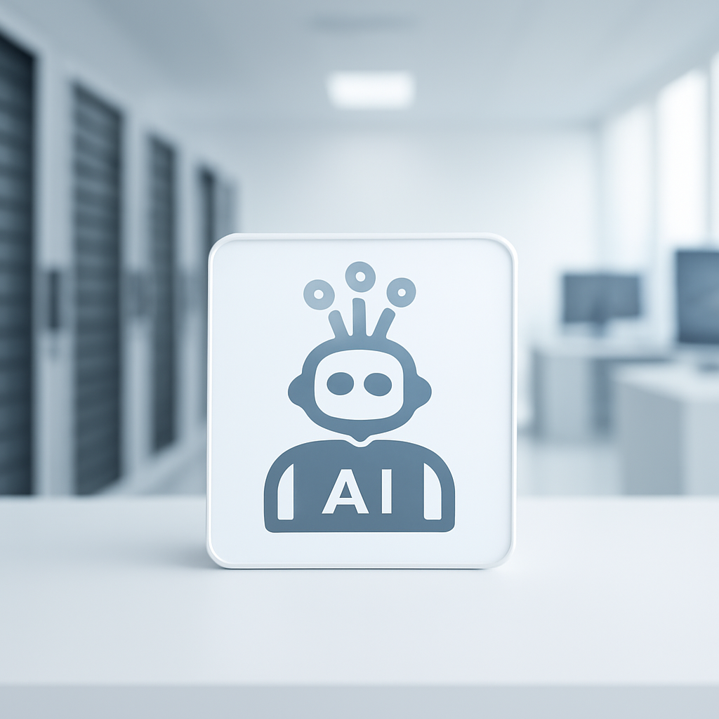 Futuristic robotic form sits prominently in a bright server room with rows of computer workstations.