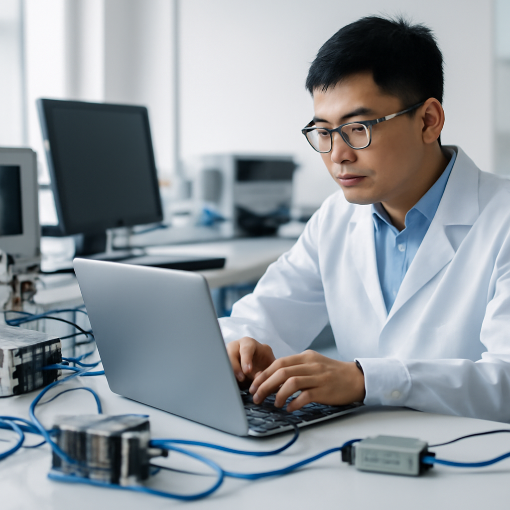 Technician interacts with laptop amidst various devices on a neutral surface.