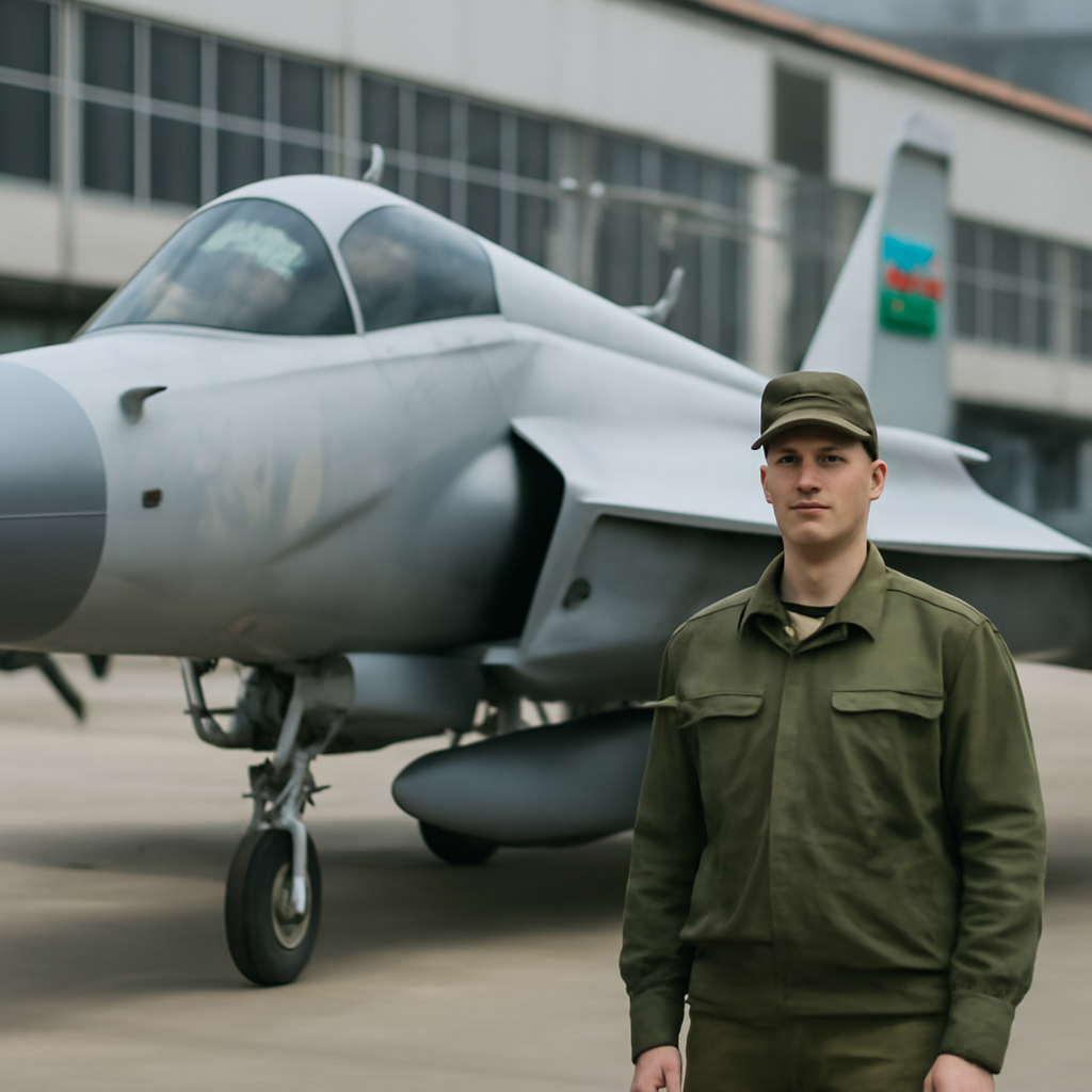 Azerbaijani air force personnel stand beside a JF-17 Block III fighter jet at a Chinese aircraft factory or military airbase.