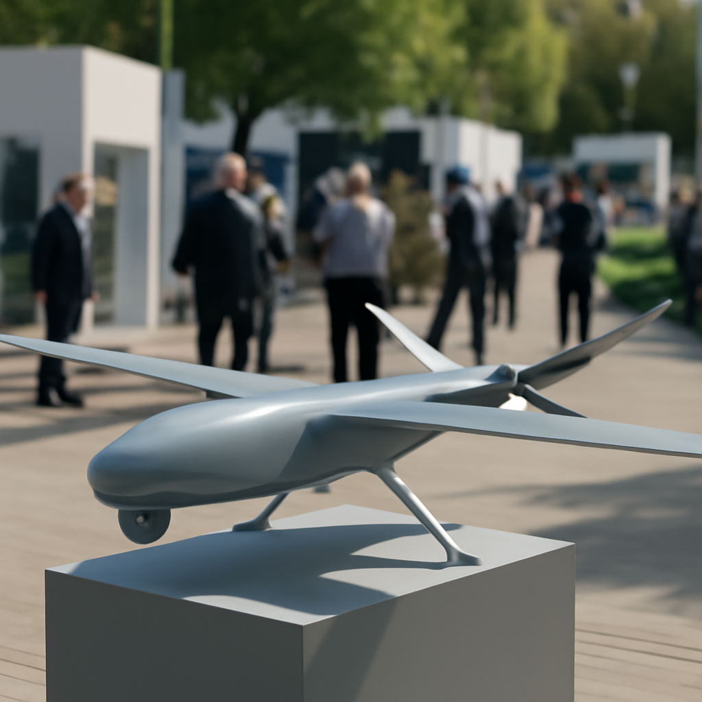 Modern unmanned aerial system on display at a defense exhibition with a neutral background.