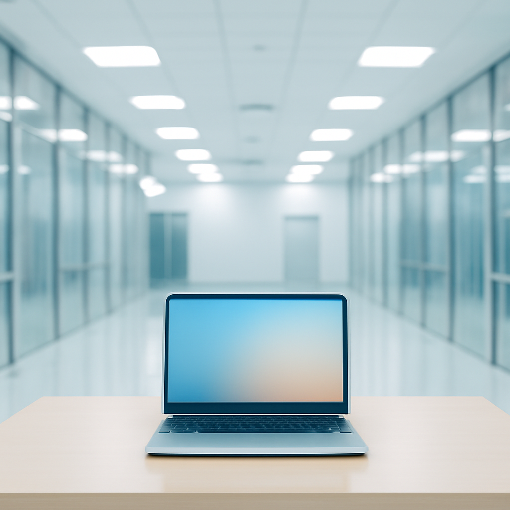 A lone laptop sits on a table in an empty corporate office lobby or data center.