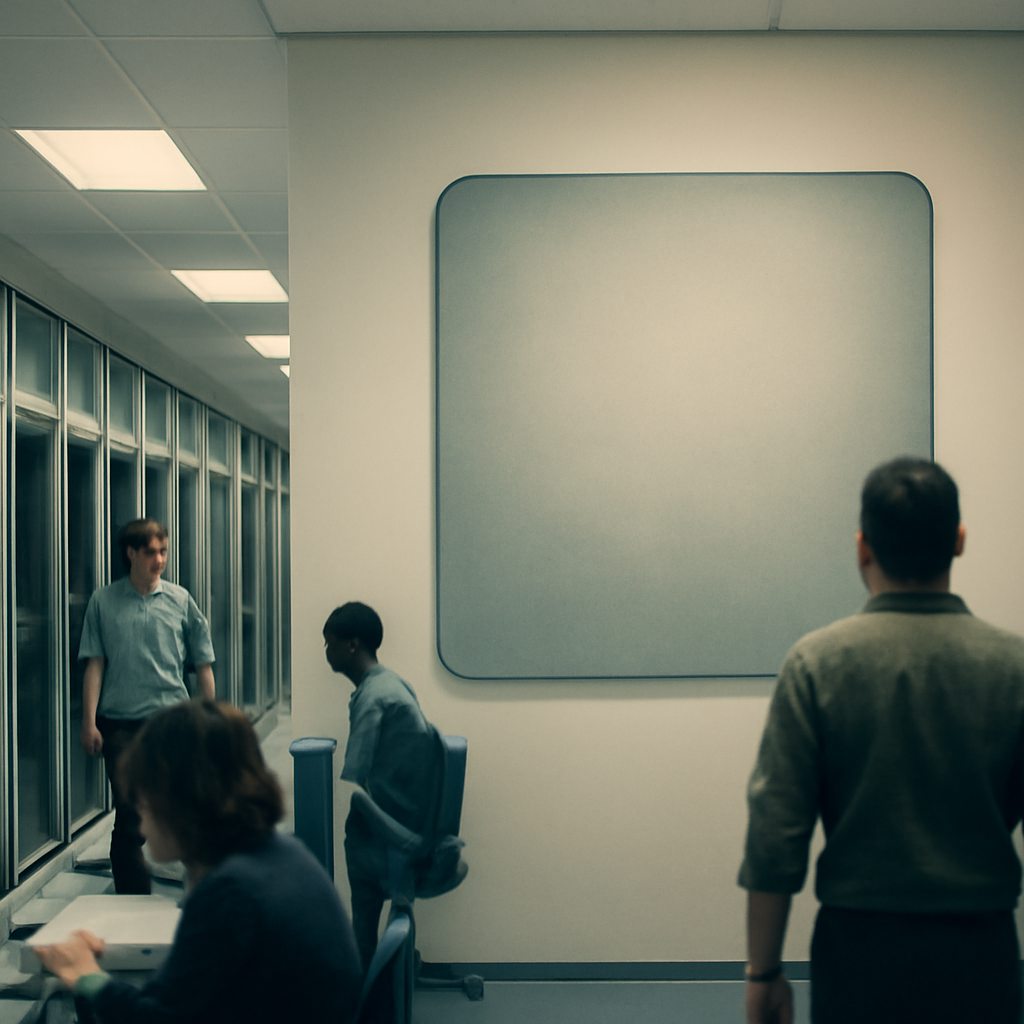Blurred employees walk past server racks in a brightly-lit corporate office or data center interior.