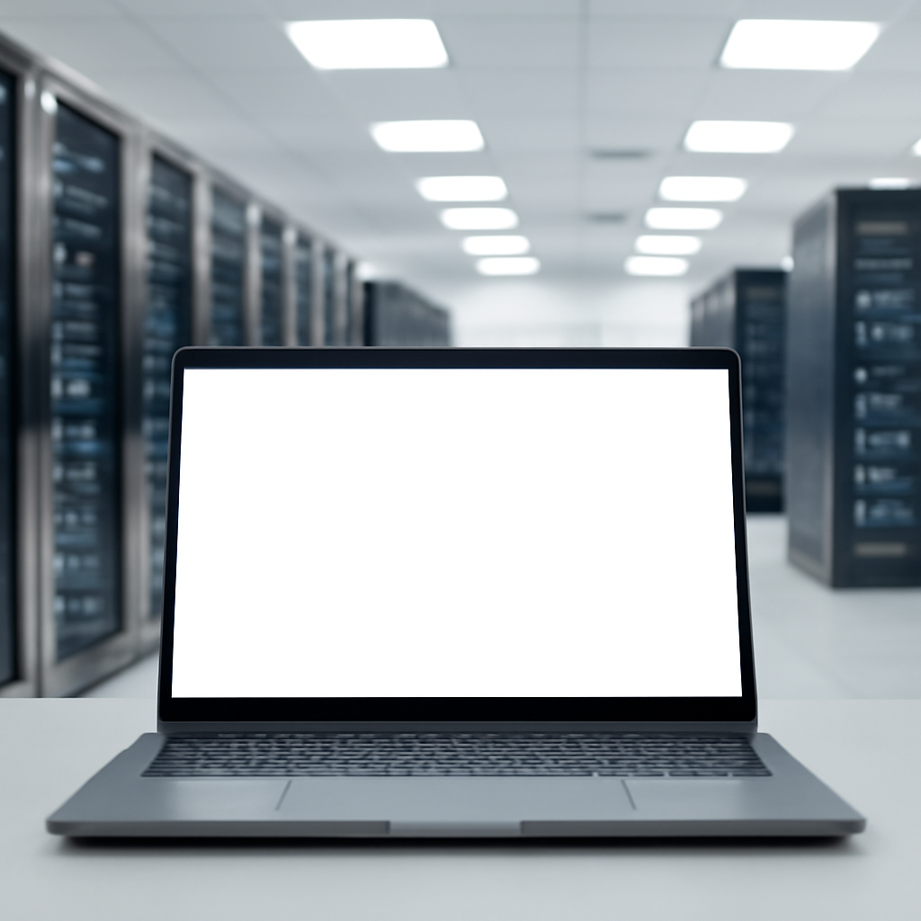 Server racks in a brightly-lit data center with a single blurred-out laptop in the foreground.