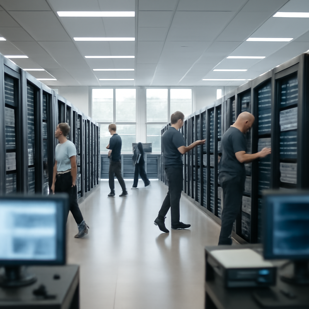 Rows of racked servers and storage equipment in a brightly-lit data center with IT staff in the background.
