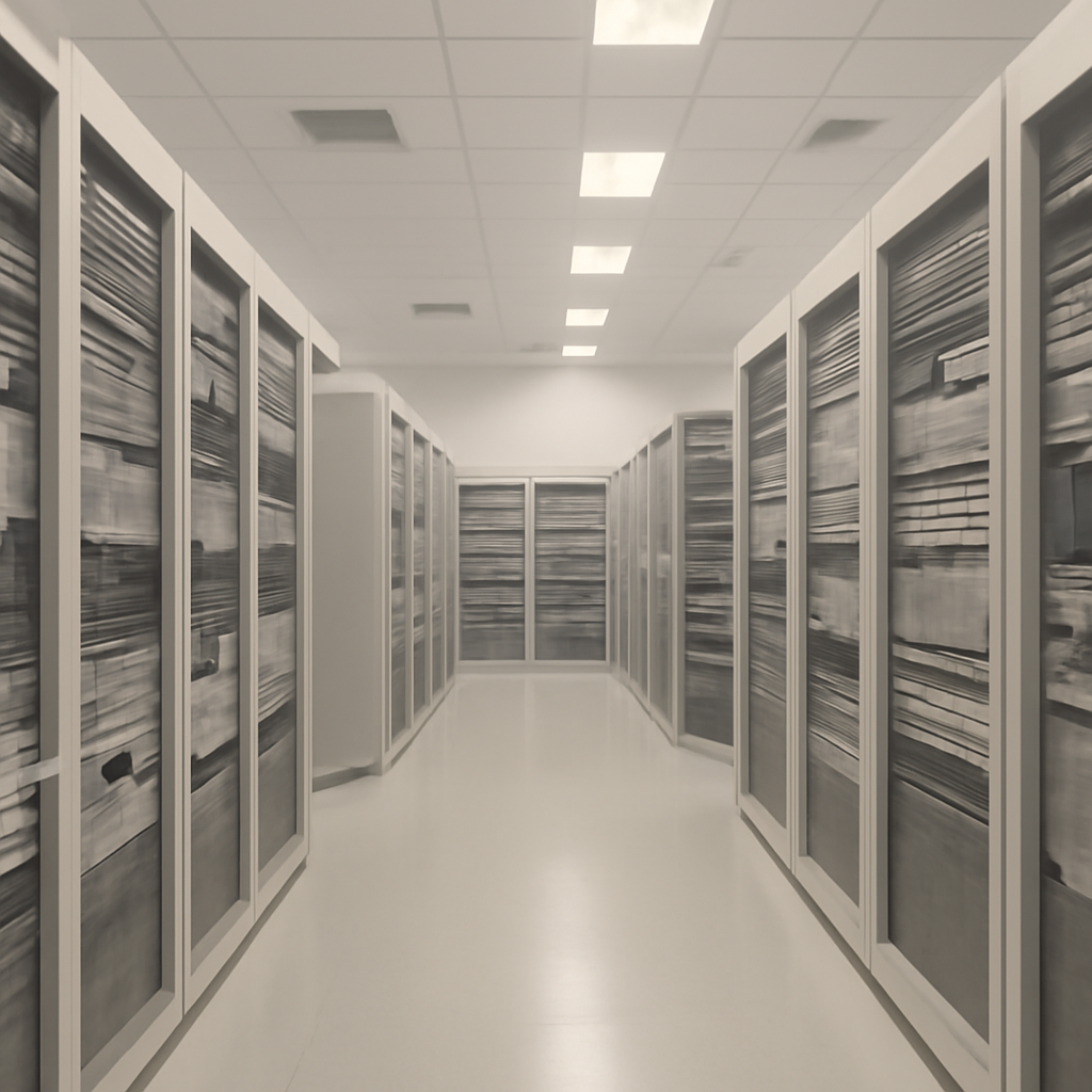 Rows of computer servers and storage systems in a brightly-lit cloud data center or server room with ambient lighting.