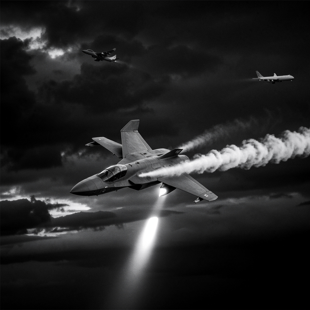 Futuristic bomber aircraft in aerial refueling, partially obscured by contrail, with tanker and stormy sky in background.
