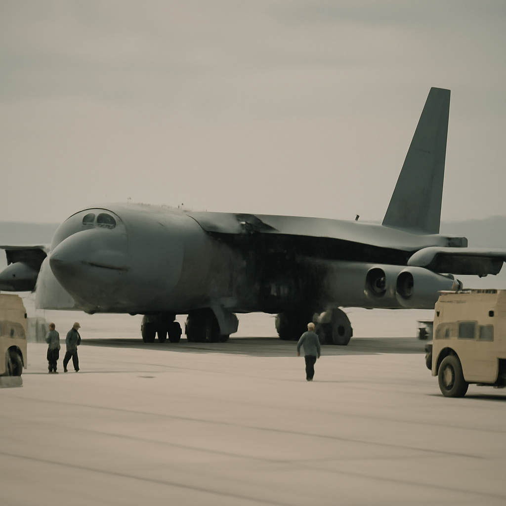 Damaged B-52 bomber on runway surrounded by emergency vehicles and personnel.