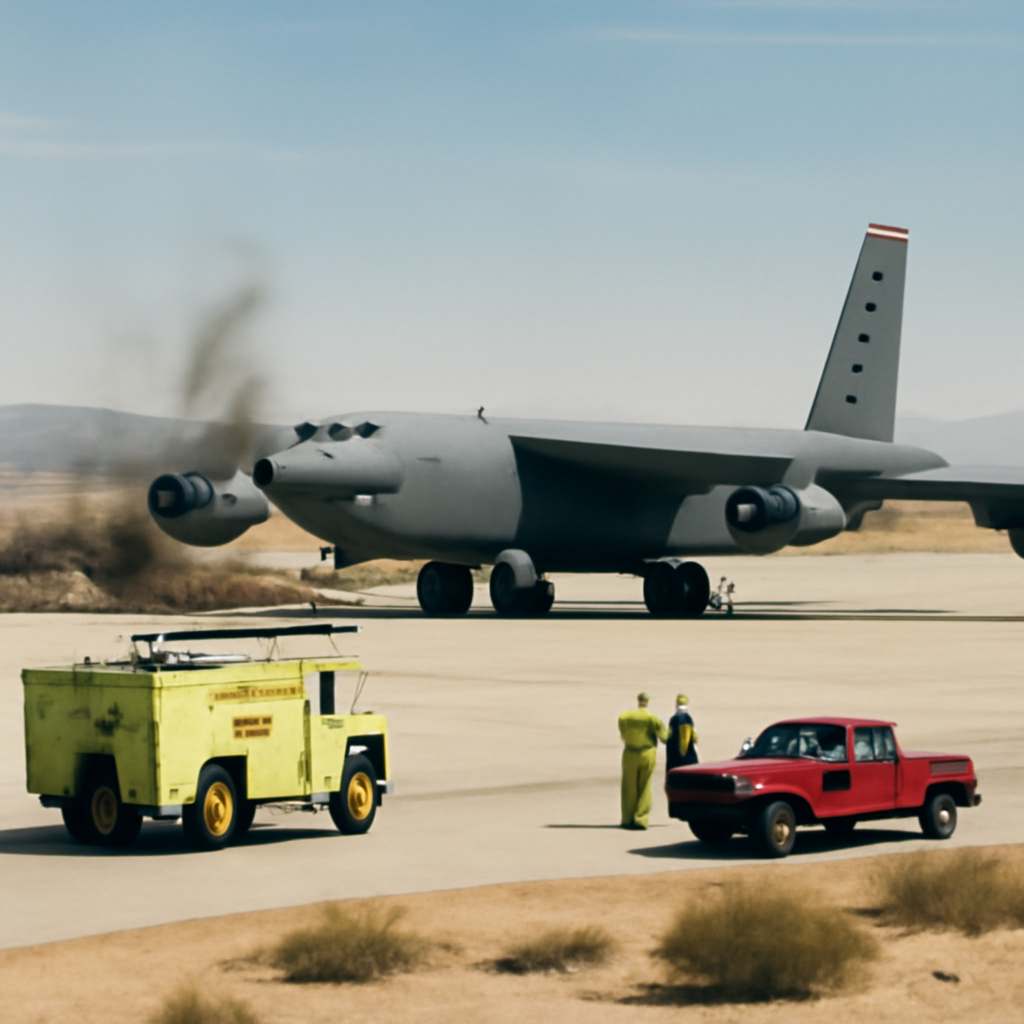 Emergency responders gather near a damaged runway with a B-52 aircraft in the background.