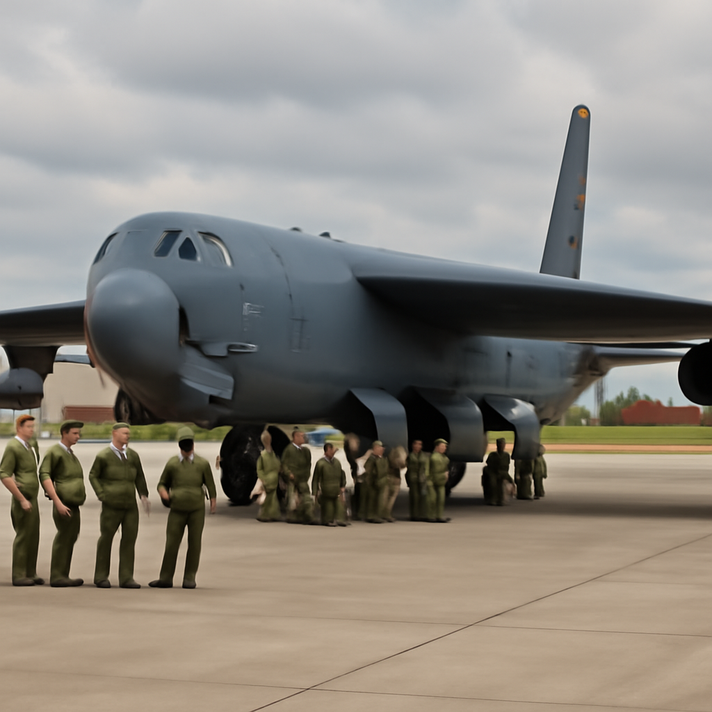 B-52 bomber on runway with maintenance team and technicians servicing component.
