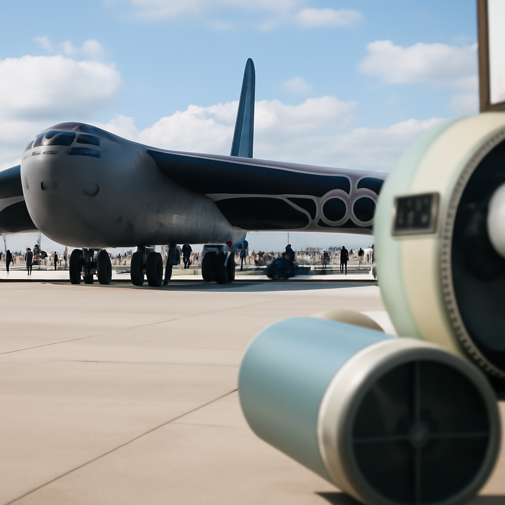 B-52 bomber on a runway with Air Force personnel and equipment, featuring a modern upgrade component.