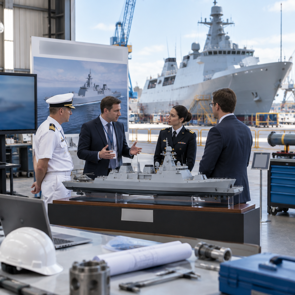 People in business and naval attire discuss a large naval vessel model outdoors.