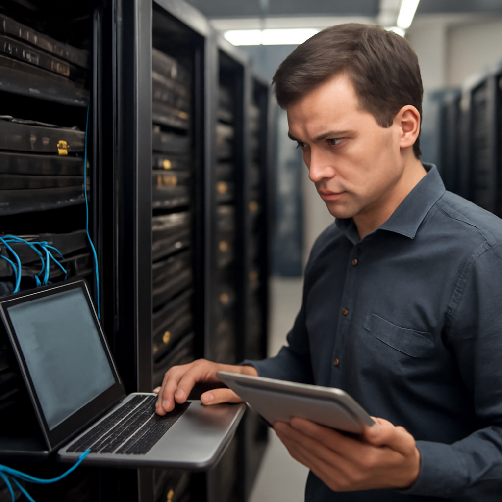 IT professional examines laptop in data center surrounded by storage systems and backup equipment.