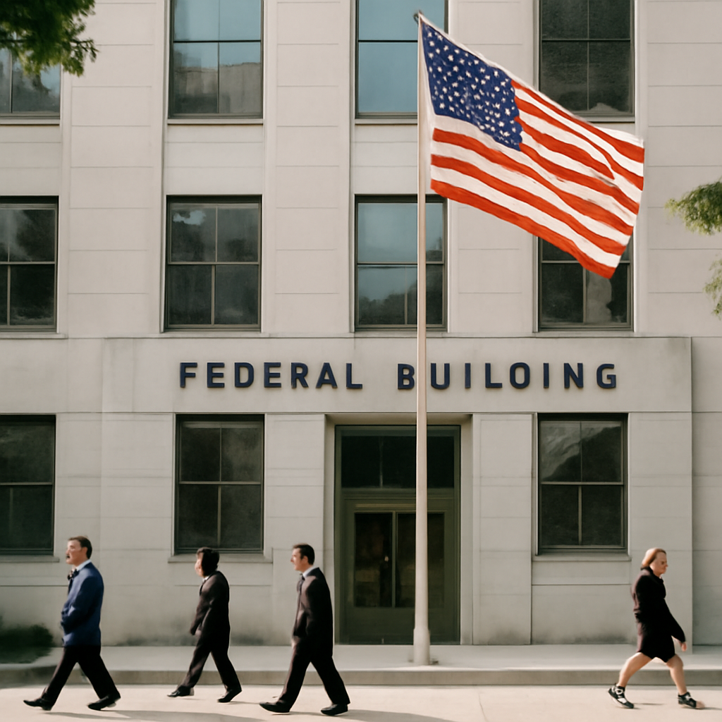 Federal courthouse hallway with people walking, seal of US Courts on wall plaque.
