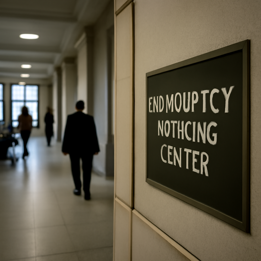 Federal bankruptcy court building entrance with somber atmosphere and people in background.