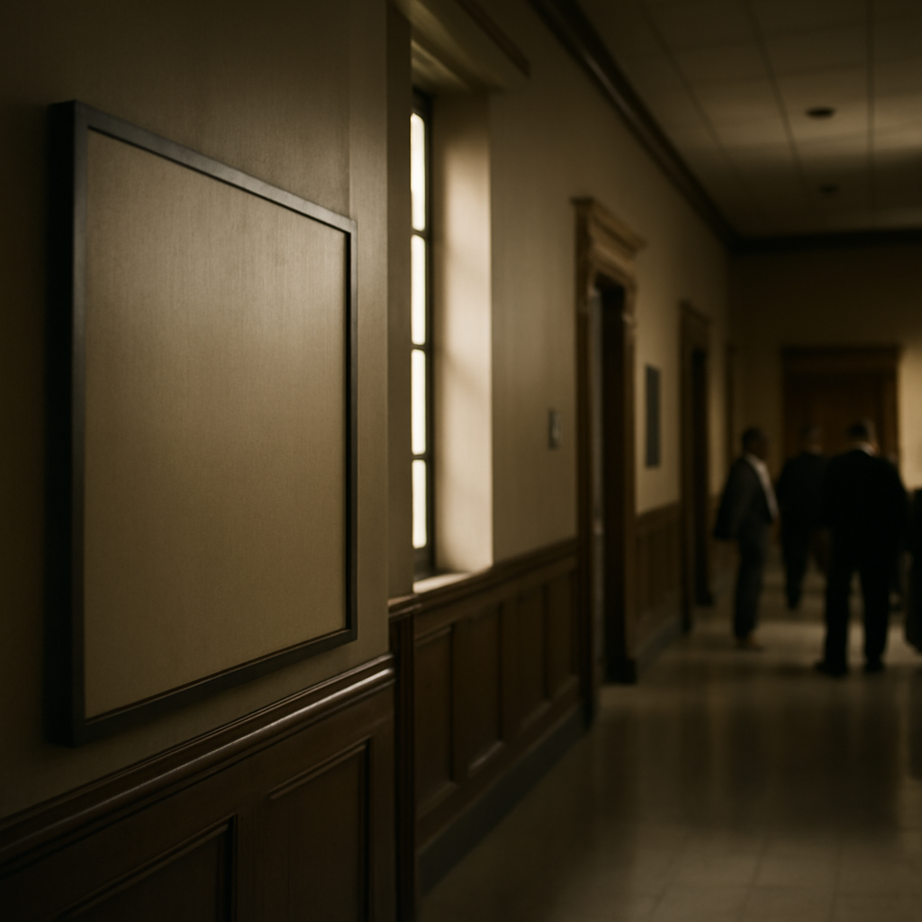 Federal courthouse hallway with blank notice board and people in background.