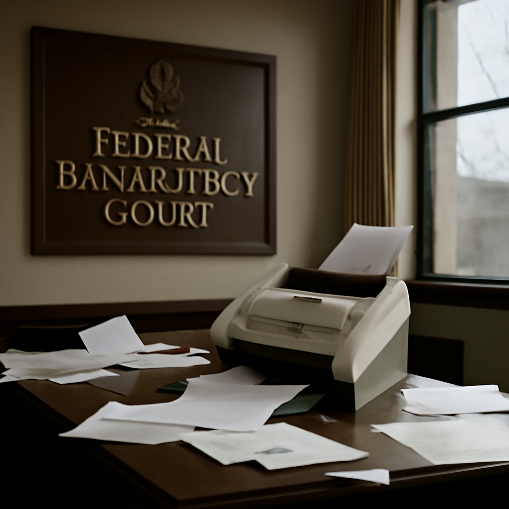 Federal bankruptcy court office interior with scattered papers and a disabled document scanner.