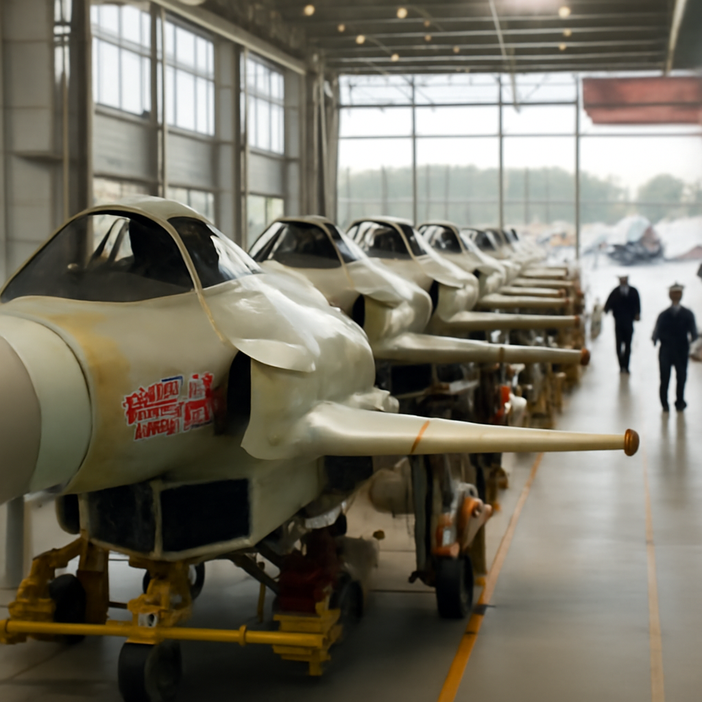 Workers assemble aircraft components at a large manufacturing facility with Eurofighter Typhoon jets in the background.