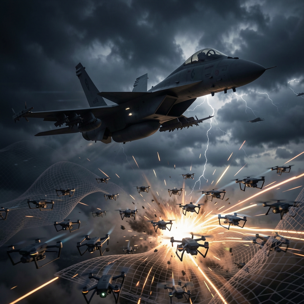 Fighter jet silhouetted against stormy sky as drones are neutralized by energy blast or net.