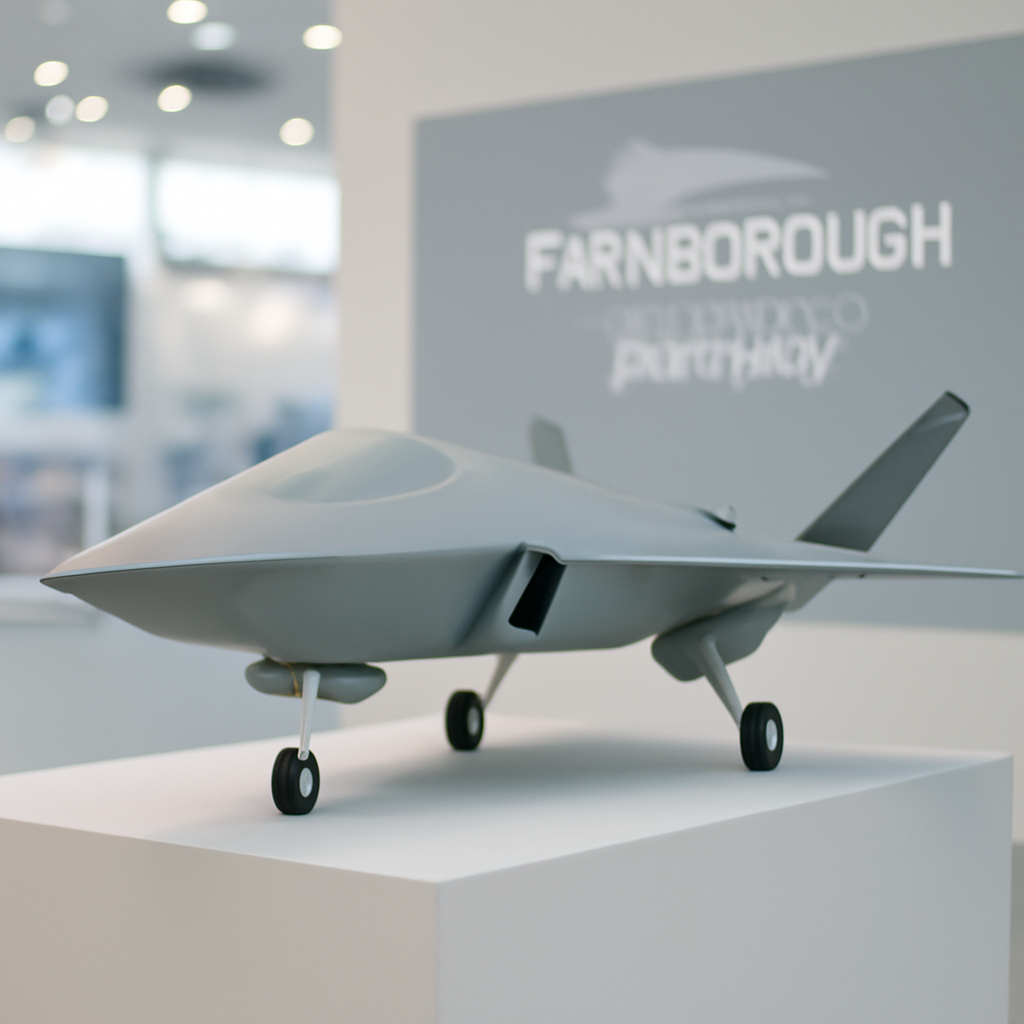 Loyal wingman drone on display at exhibition stand with blurred airshow background.