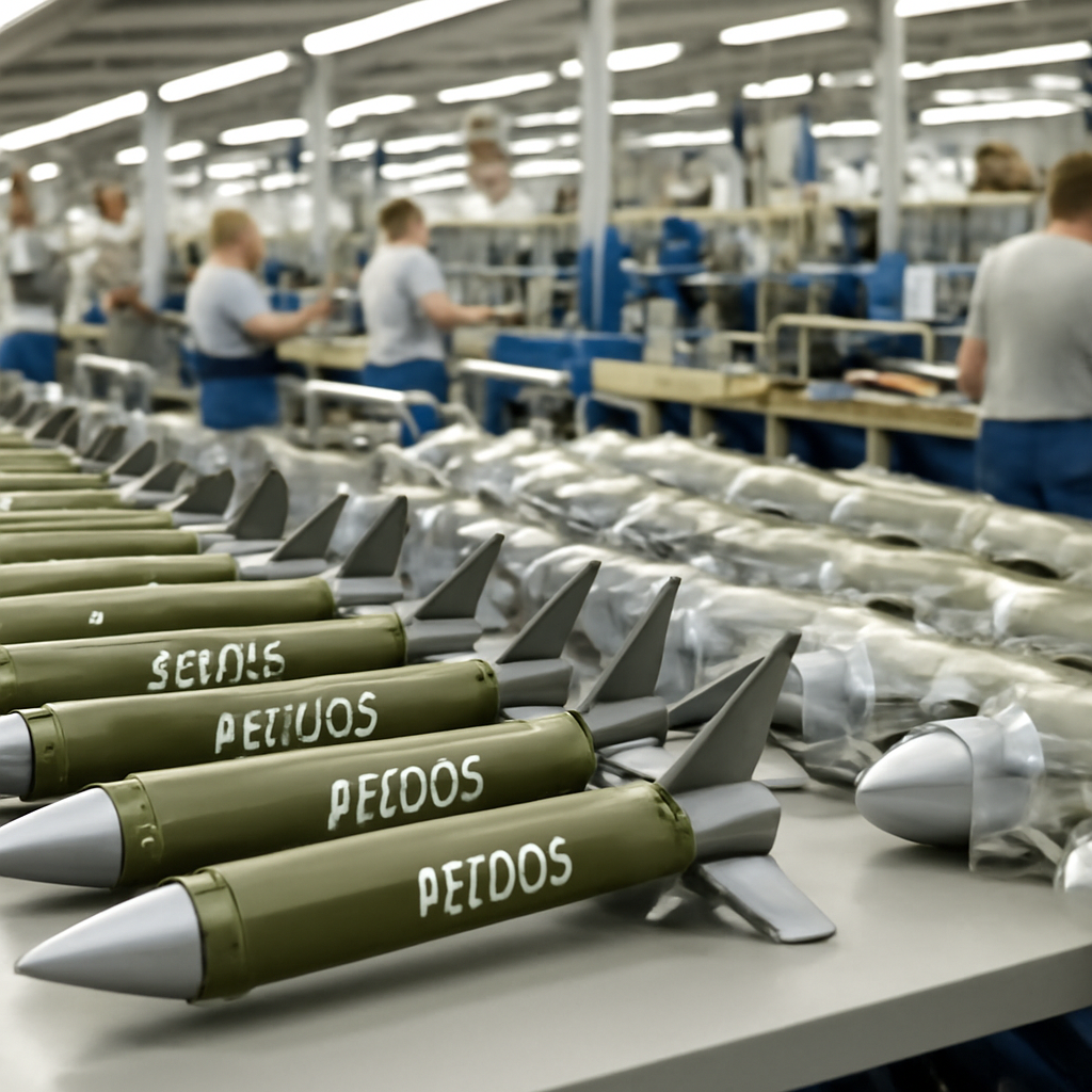 Rows of workstations and machinery in a brightly-lit factory with APKWS guidance kits displayed prominently on a table in…