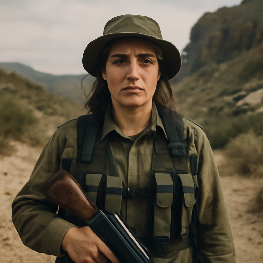 Woman in militant uniform stands in rugged outdoor setting with serious expression.